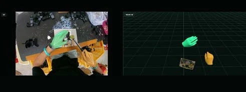 Split view: first-person assembly workspace and a 3D hand-tracking visualization on a grid